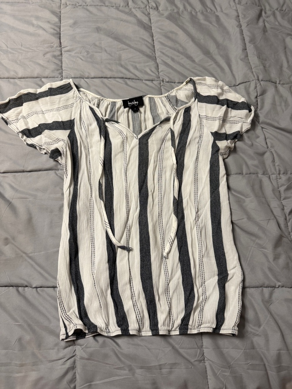 by & by Black and White Vertical-Stripe Tie-Neck Blouse